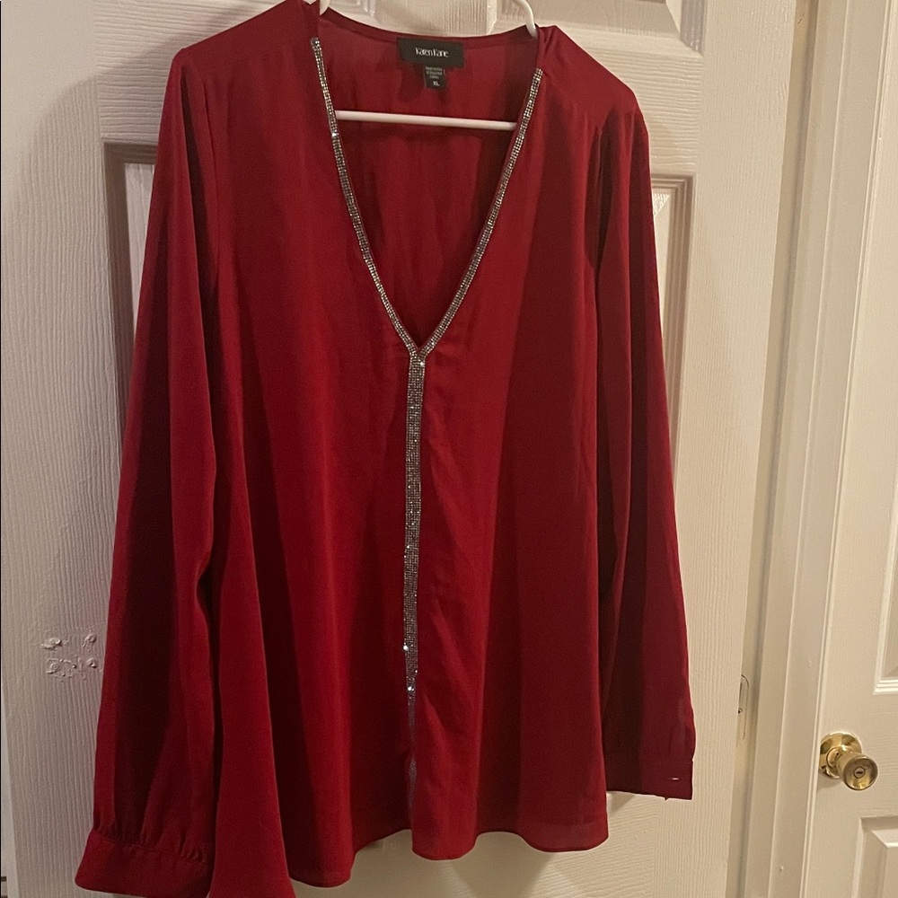 Karen Kane XL Red V-Neck Blouse with Silver Detail